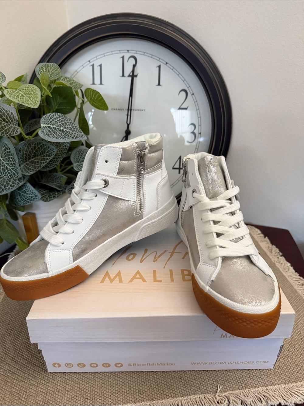 Blowfish Metallic Silver and White High-Top Sneakers with Gum Sole